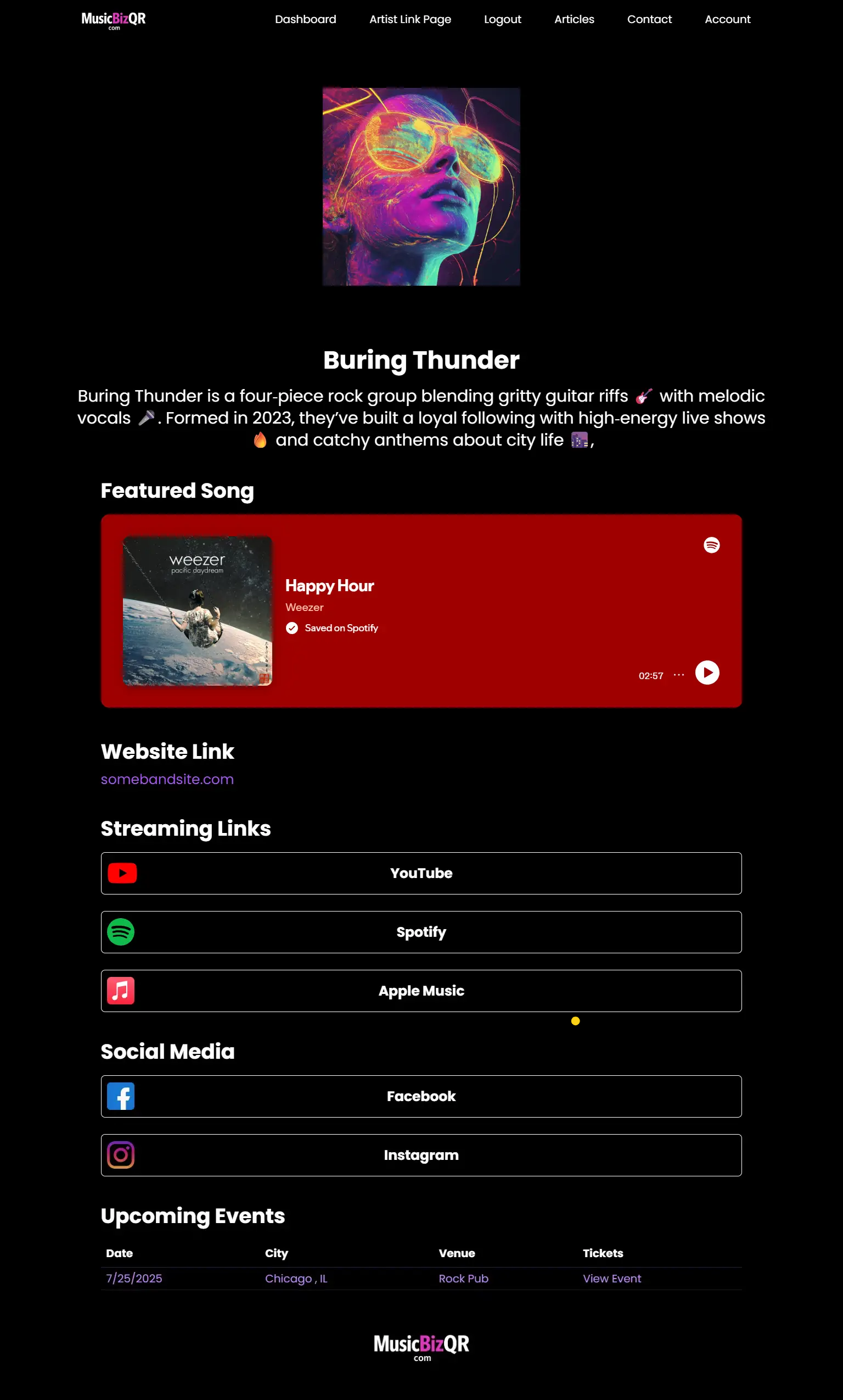 MusicBizQR dashboard